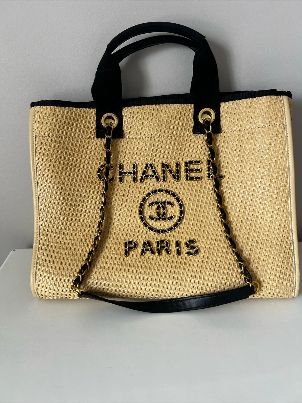Black and Natural Woven Tote Bag - Classic Straw Shoulder Tote